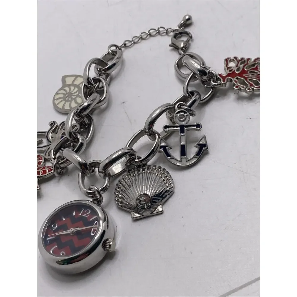 Vintage Womens Ocean Theme Charm Bracelet Watch Works New Battery